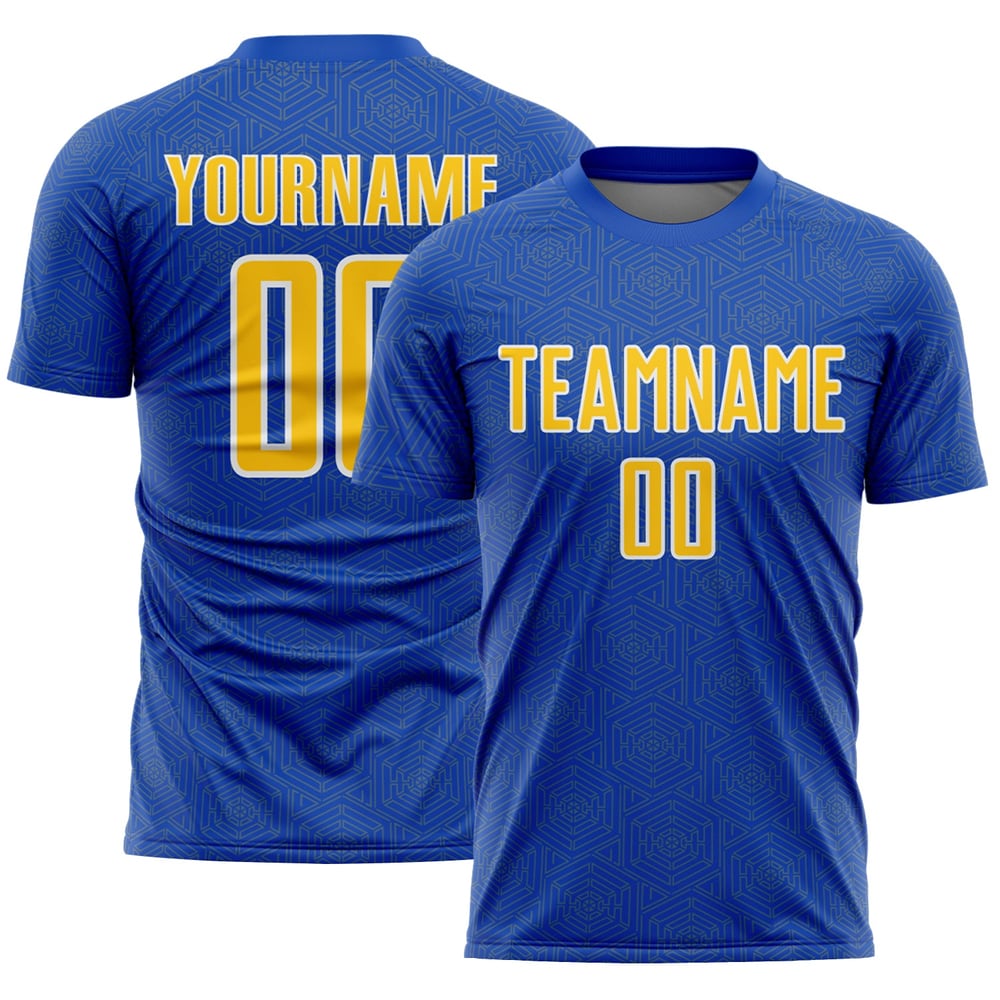 Maglia da calcio personalizzata con stampa a sublimazione geometrica blu giallo-bianca Thunder