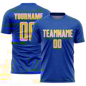 Maglia da calcio personalizzata con stampa a sublimazione geometrica blu giallo-bianca Thunder