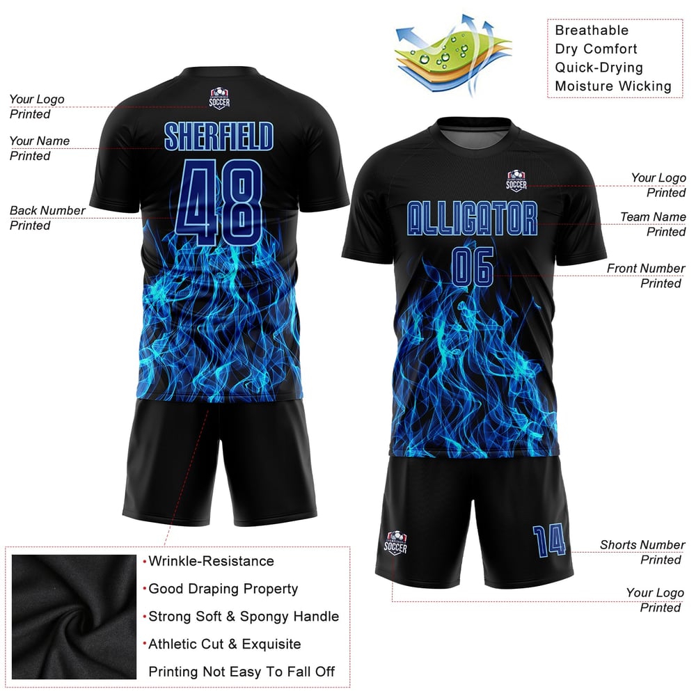 Royal-Light Black Blue Custom Soccer Sublimation Flame Uniform Jersey