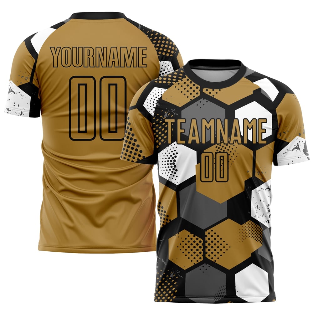 Uniforme de fútbol dorado, camiseta personalizada, sublimación antigua, negro y blanco