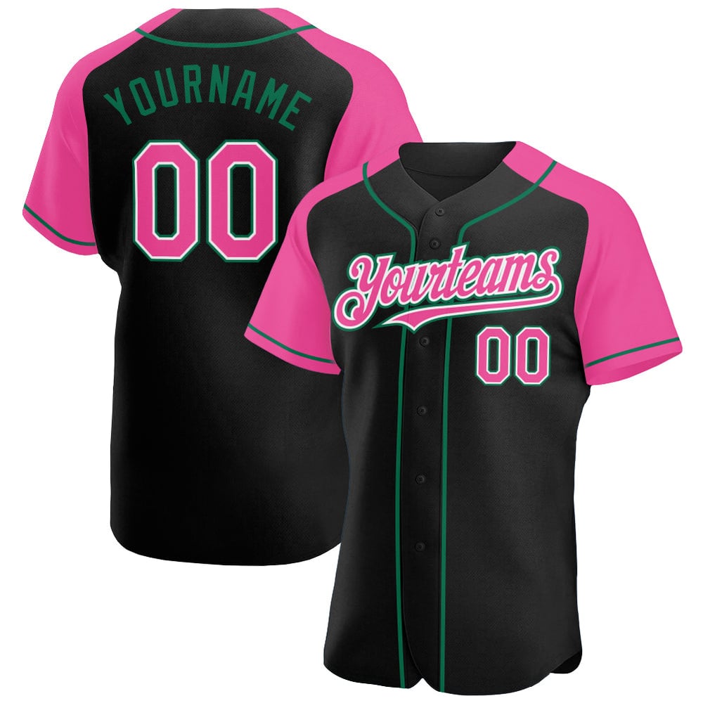 Pink-Kelly Raglan Sleeves Baseball Jersey Custom Green Black Authentic