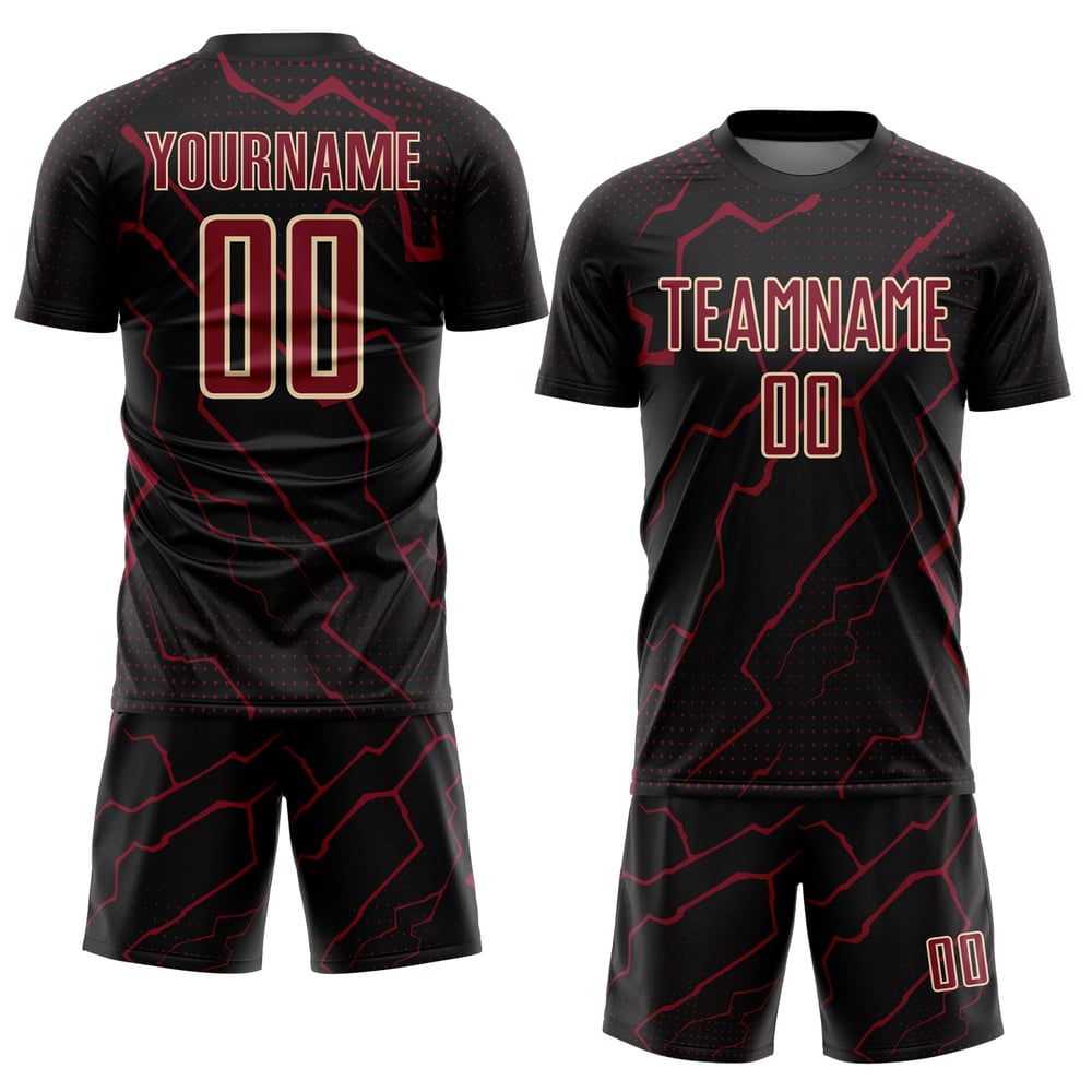 Maglia da calcio personalizzata con stampa sublimatica Black Lightning, colore cremisi-crema