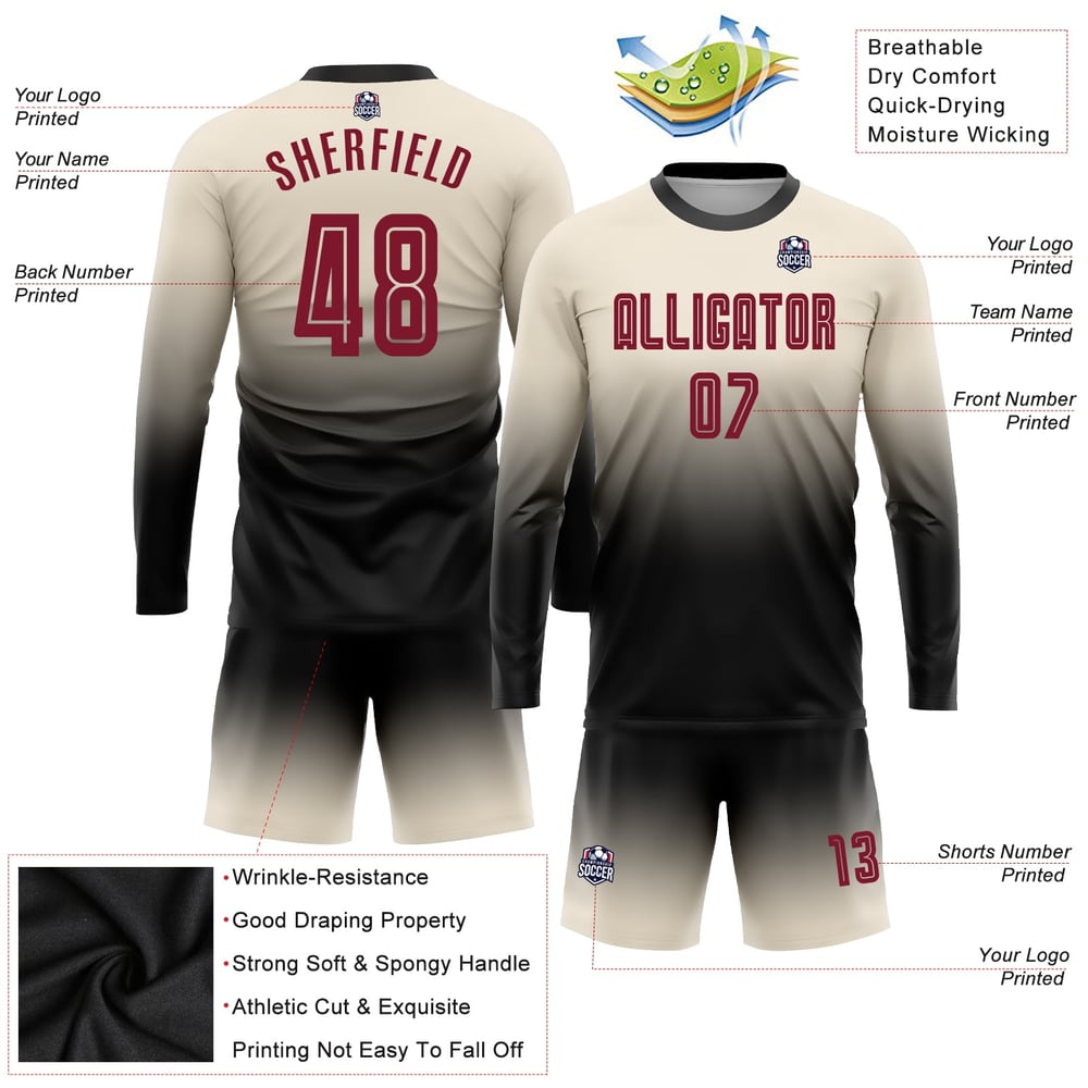 Long Soccer Sublimation Sleeve Cream Crimson-Black Uniform Custom Jersey Fashion Fade