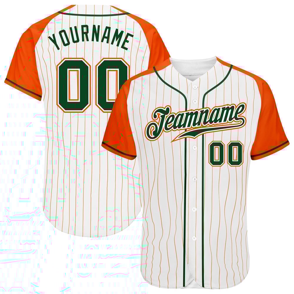 Camiseta de béisbol personalizada auténtica de rayas blancas, mangas raglán, verde y naranja.