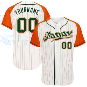 Camiseta de béisbol personalizada auténtica de rayas blancas, mangas raglán, verde y naranja.
