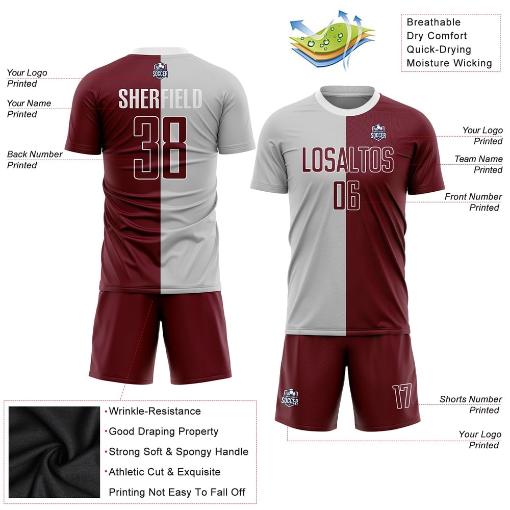 Custom Gray Split Fashion Sublimation Crimson-White Jersey Uniform Soccer