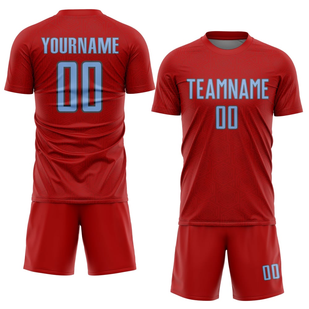 Maglia uniforme sportiva rossa forma geometrica calcio sublimazione grigia personalizzata azzurro-acciaio