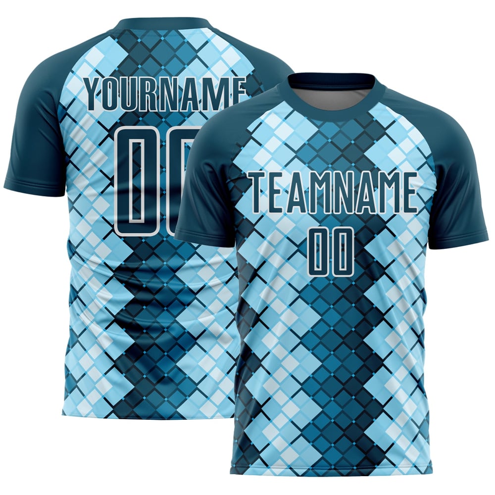 Uniforme de fútbol azul y blanco de EE. UU., camiseta con formas de la marina, sublimación geométrica personalizada