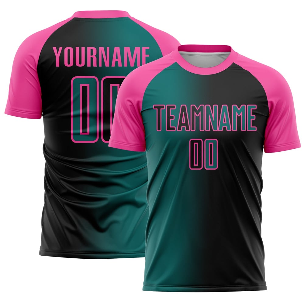 Benutzerdefinierte Teal-Pink Sublimation Gradienten Schwarz Jersey Mode Uniform Fußball