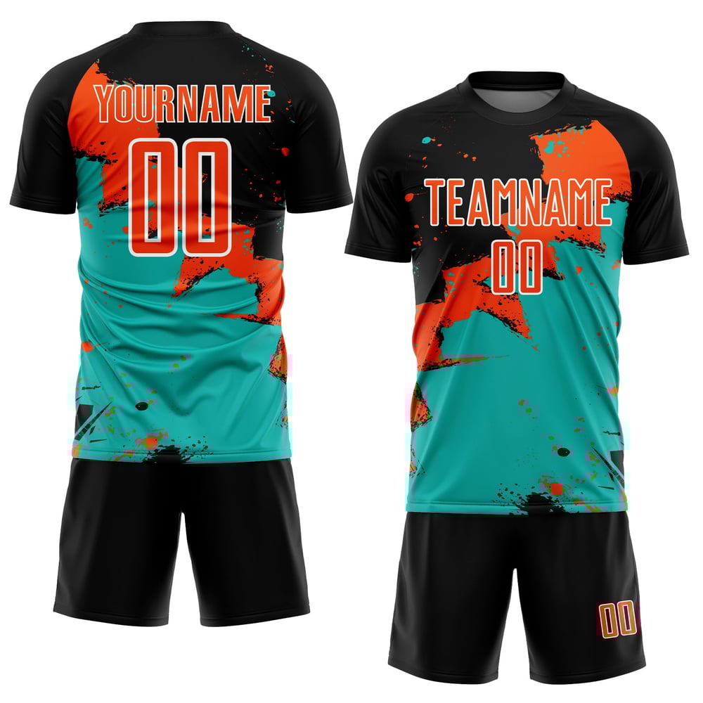 Camiseta de fútbol Spalsh naranja-aguamarina personalizada, uniforme negro, sublimación