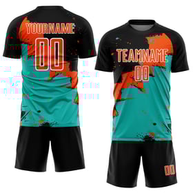 Camiseta de fútbol Spalsh naranja-aguamarina personalizada, uniforme negro, sublimación