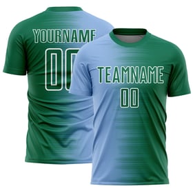 Camiseta personalizada de fútbol Kelly Line, color verde claro degradado, sublimación, azul y blanco