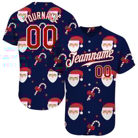 Maglia natalizia blu navy 3D da baseball rossa e bianca, autentica, personalizzata