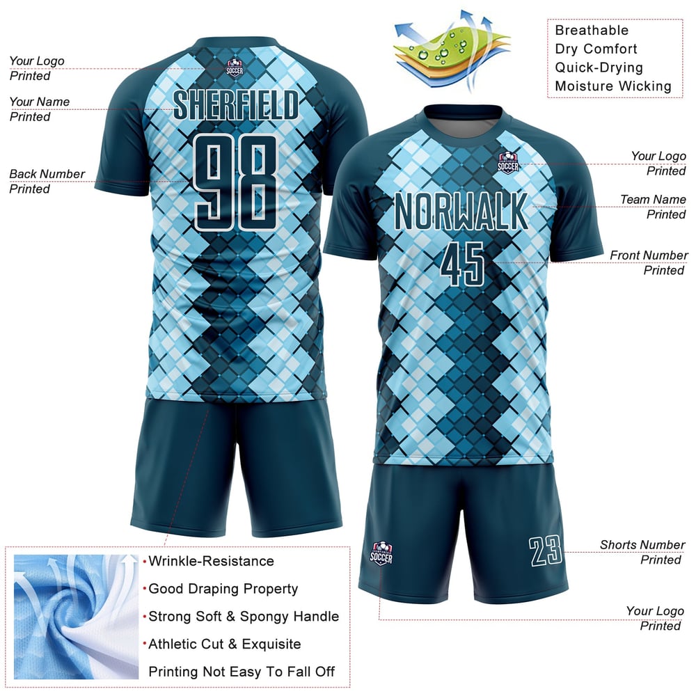 Sublimation Custom Geometric Shapes Jersey Uniform Soccer Navy Blue US White