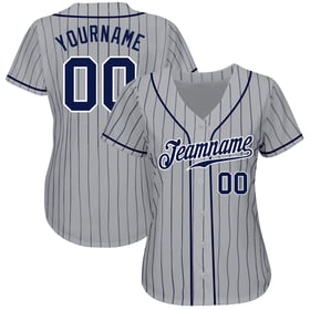 Maglia da baseball autentica personalizzata a righe grigie e bianche blu navy