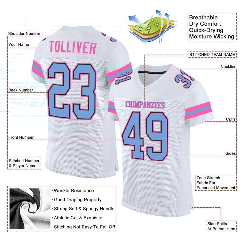 Light White Football Blue-Pink Custom Authentic Jersey Mesh