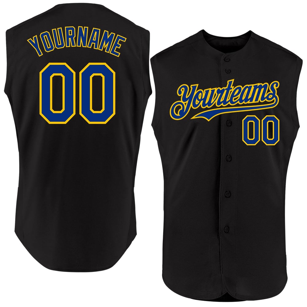 Royal-Yellow Custom Baseball Authentic Black Jersey Sleeveless