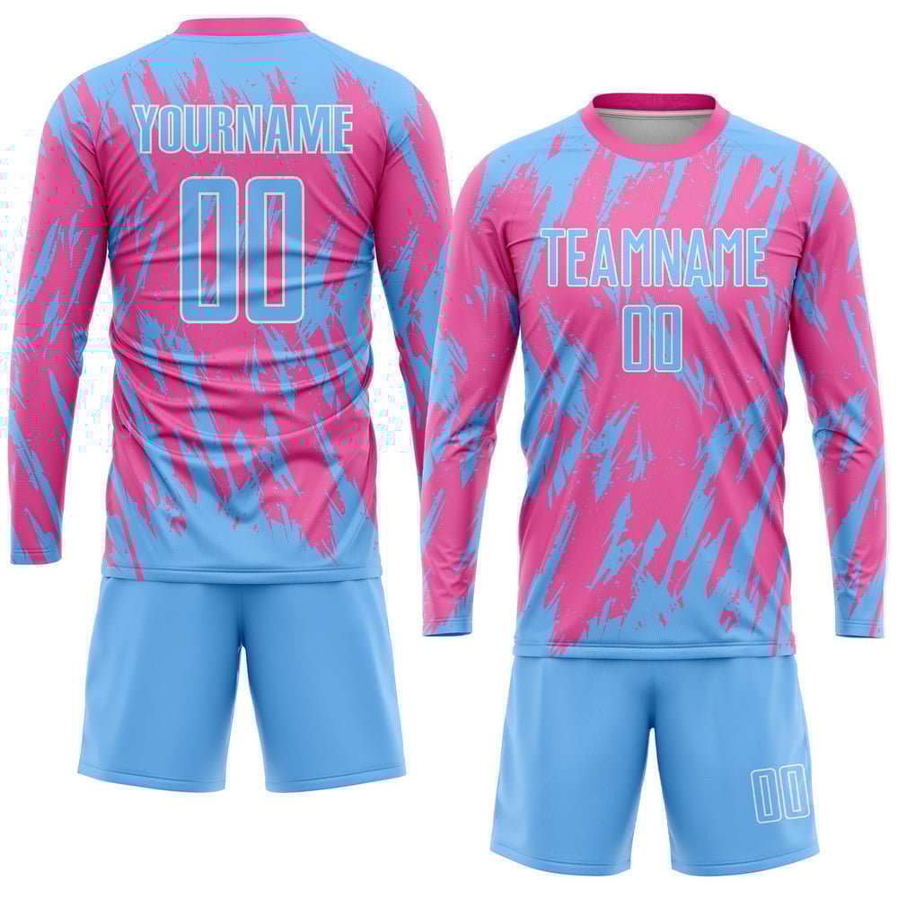 Pink Custom Blue-White Light Uniform Sublimation Soccer Jersey