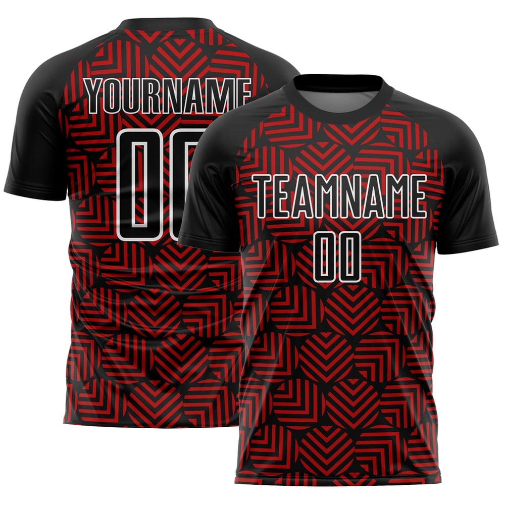 Camiseta de fútbol con sublimación de formas geométricas abstractas, color rojo y blanco, personalizada, color negro