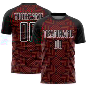 Camiseta de fútbol con sublimación de formas geométricas abstractas, color rojo y blanco, personalizada, color negro