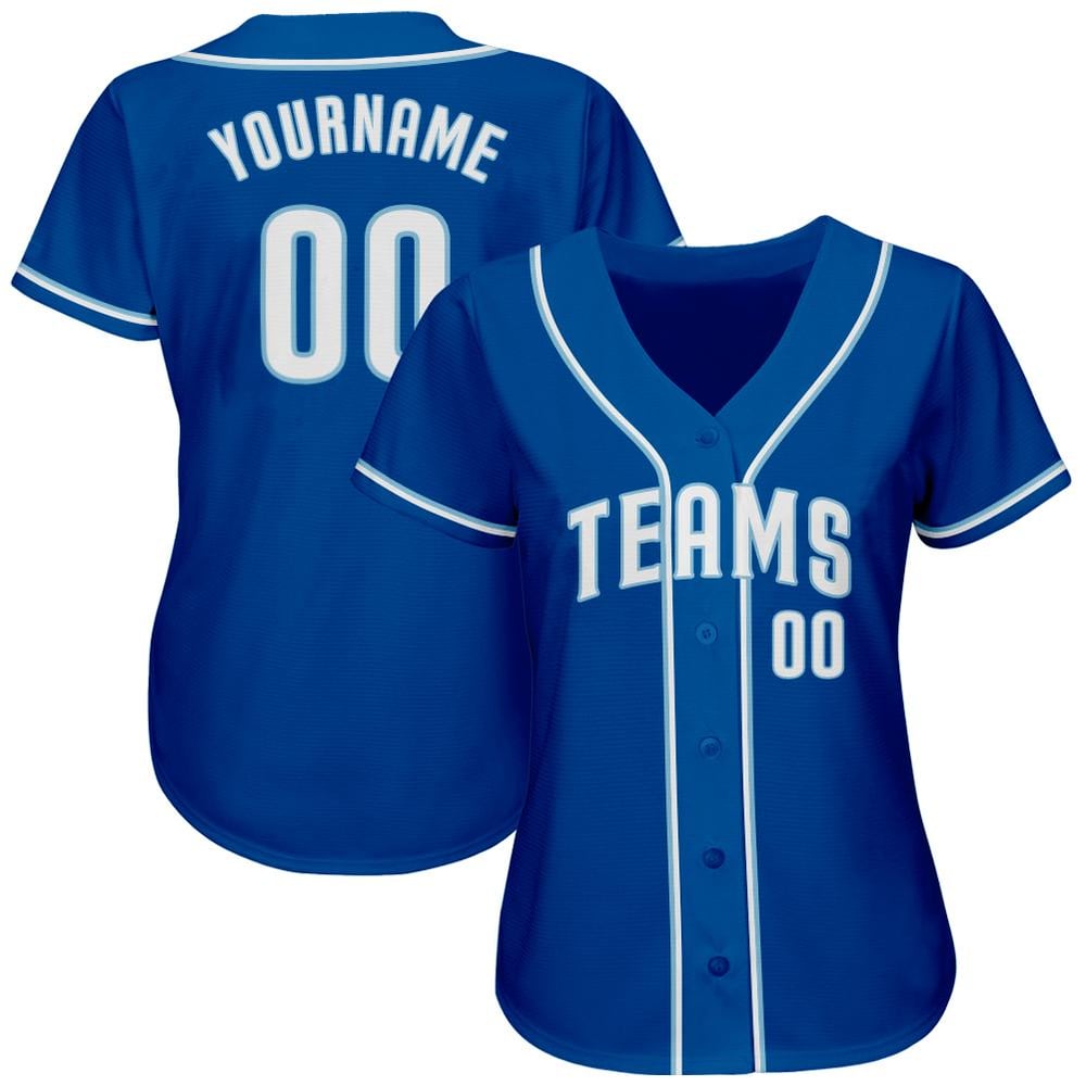Camiseta auténtica de béisbol azul y blanca clara personalizada