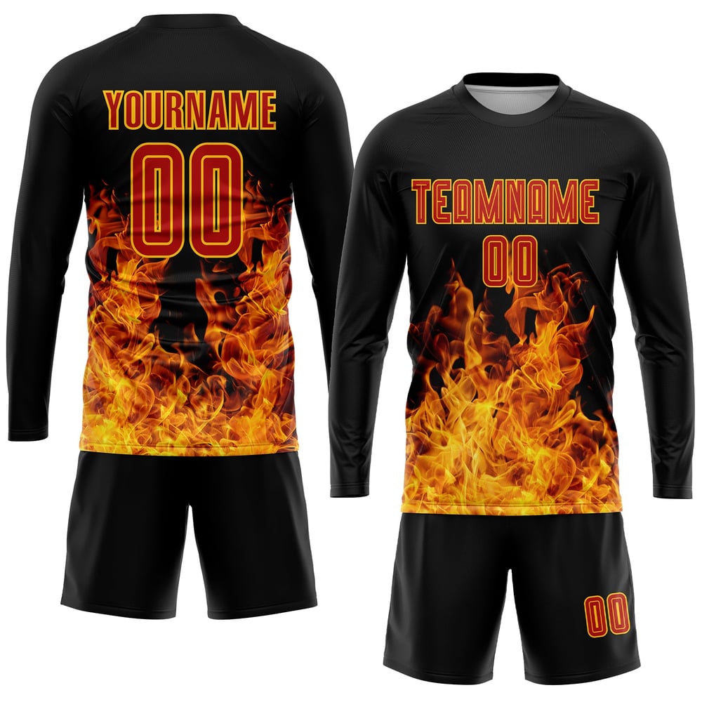 Custom Jersey Sublimation Soccer Uniform Flame Red-Gold Black