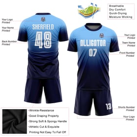 Custom Fashion White-Navy Jersey Fade Soccer Sublimation Uniform Blue Light