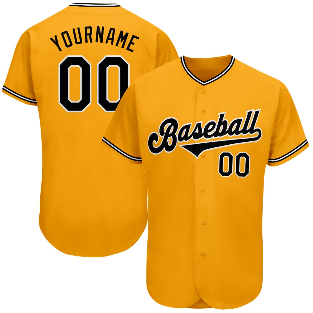 Camiseta de béisbol auténtica y personalizada en negro, blanco y dorado