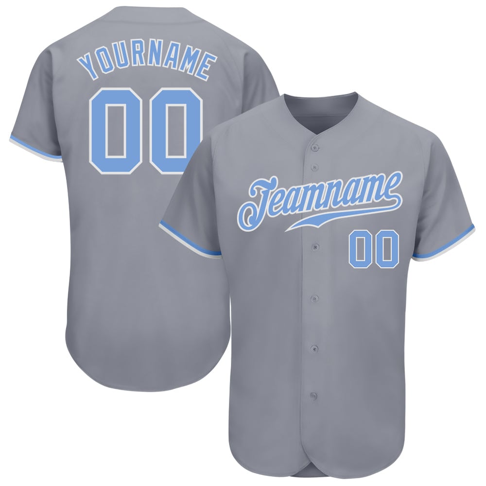 Maglia da baseball personalizzata autentica grigia, blu chiaro e bianca