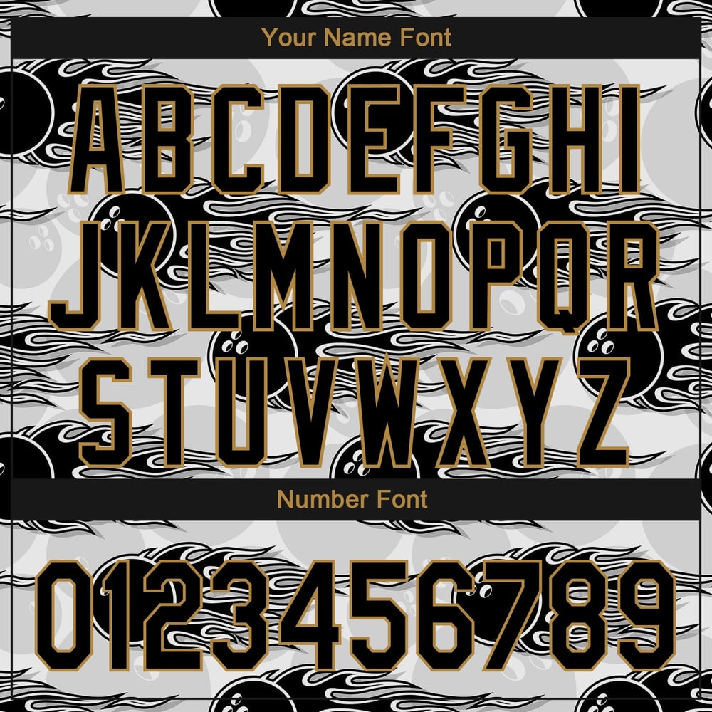 Camiseta Hotrod Flame Bowling, auténtico diseño personalizado en 3D con pelota de béisbol en negro y dorado antiguo y blanco.