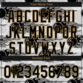 Camiseta Hotrod Flame Bowling, auténtico diseño personalizado en 3D con pelota de béisbol en negro y dorado antiguo y blanco.