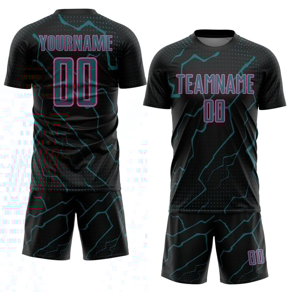 Maglia sportiva personalizzata con stampa a sublimazione della divisa da calcio Black Lightning, colore verde acqua e rosa