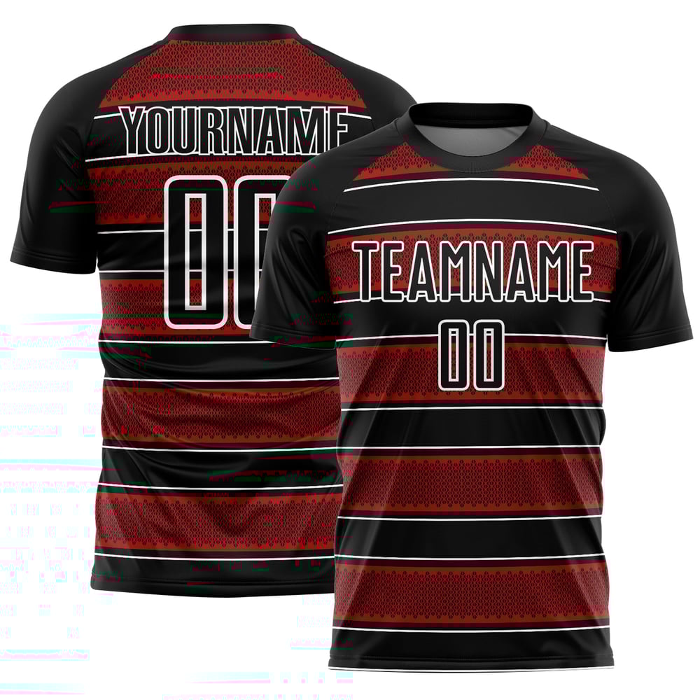 Camiseta de fútbol personalizada con sublimación de líneas y formas geométricas, negra, roja y blanca