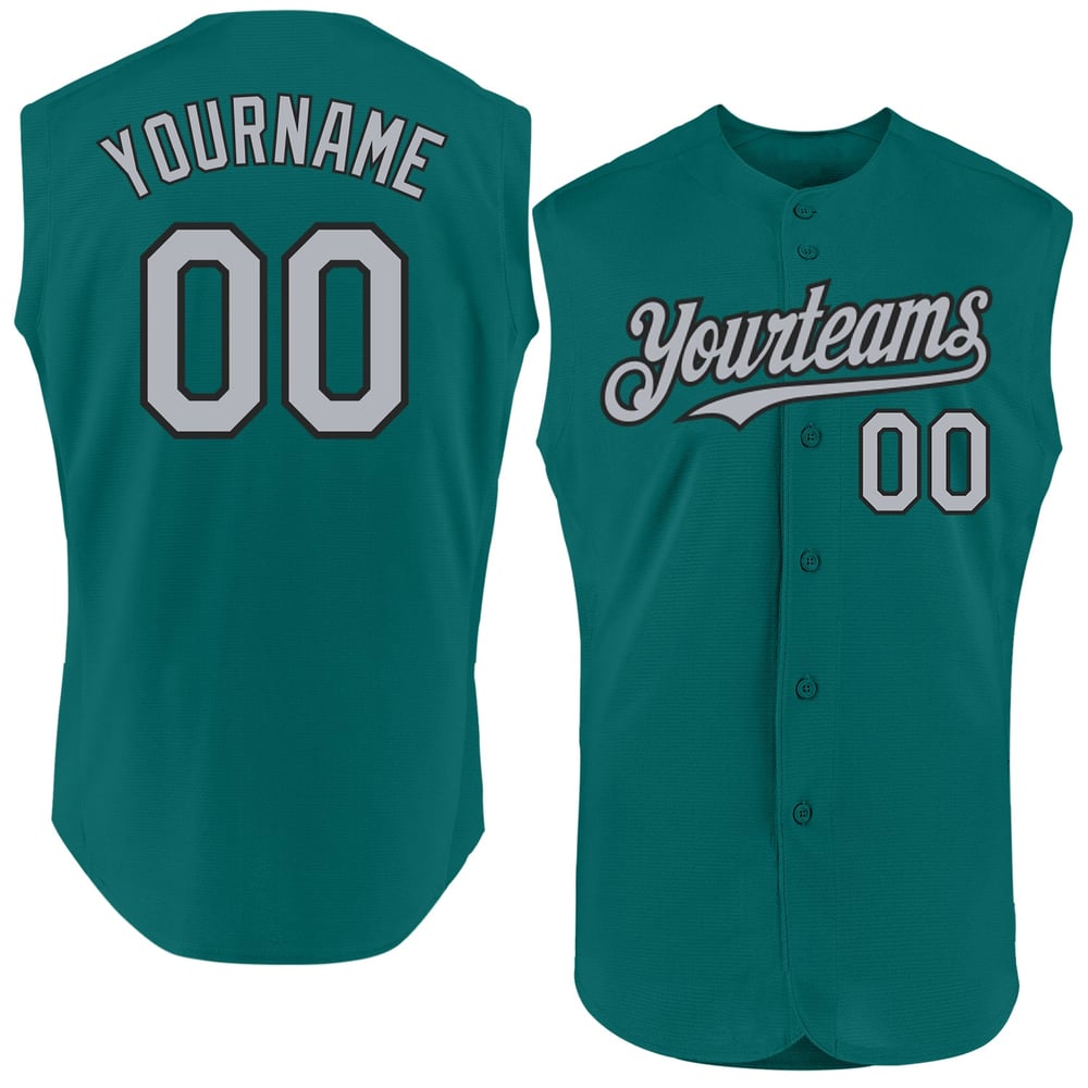 Gray-Black Teal Baseball Custom Sleeveless Jersey Authentic