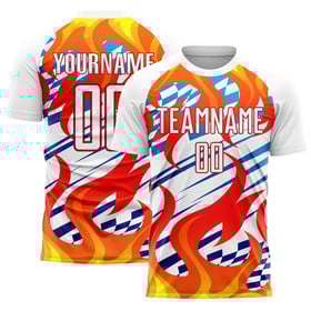 Camiseta de fútbol blanca sublimada con llamas rojas y doradas, uniforme personalizado
