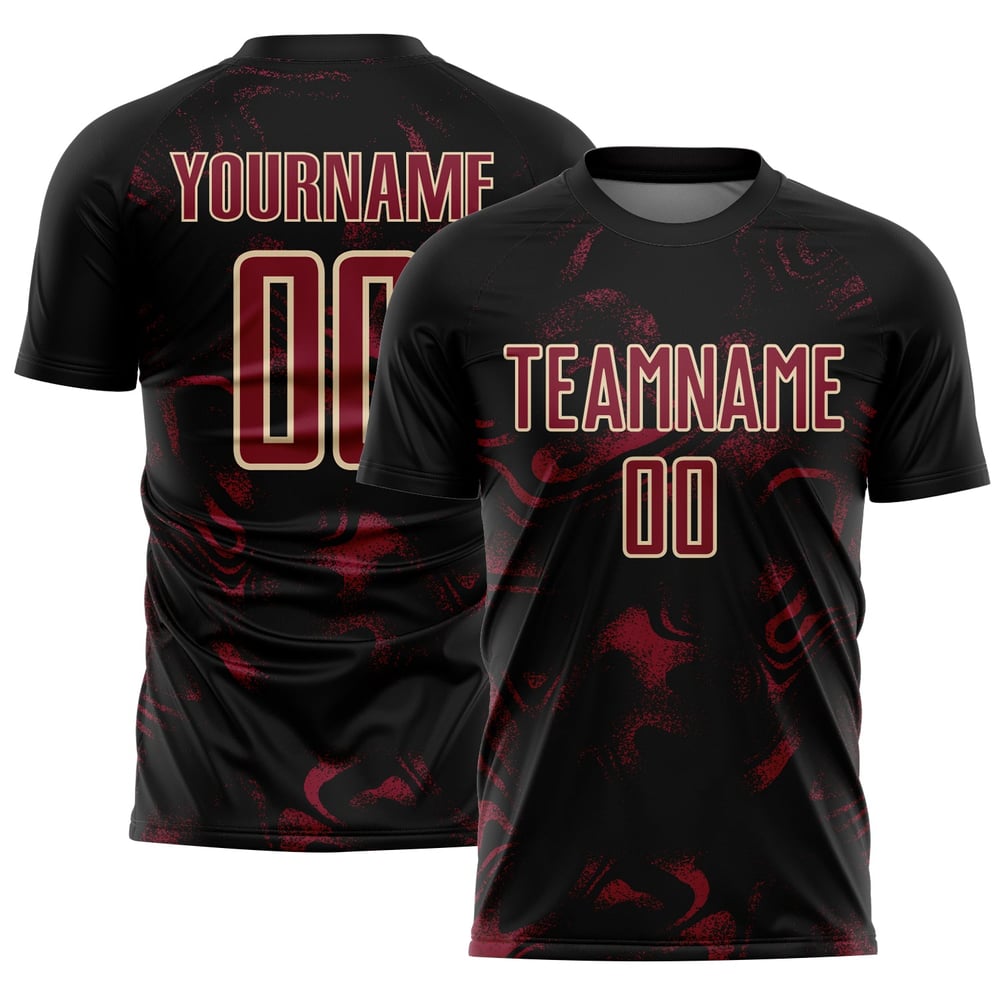 Schwarze Fußballuniform Abstraktes Trikot Liquid Crimson-Creme Sublimation Custom