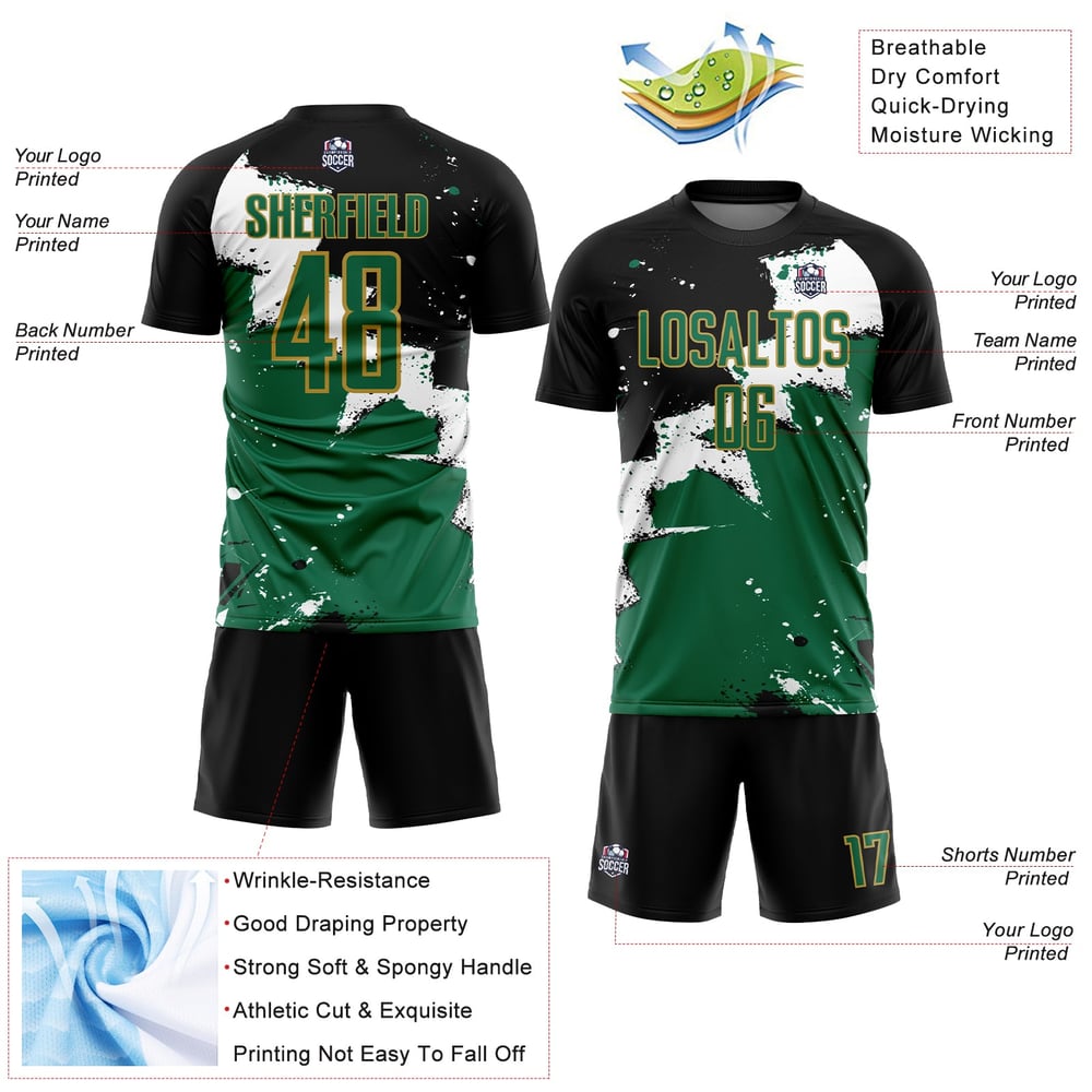 Kelly Uniform Sublimation Soccer Jersey Green-Old Black Spalsh Custom Gold