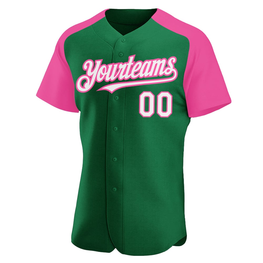 Custom White-Pink Authentic Baseball Jersey Green Sleeves Raglan Kelly
