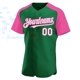 Custom White-Pink Authentic Baseball Jersey Green Sleeves Raglan Kelly