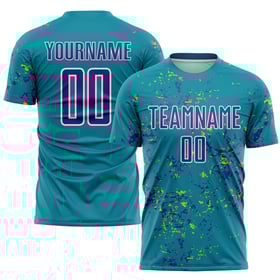 Fragmento de sublimación de fútbol abstracto morado neón, uniforme personalizado verde azulado