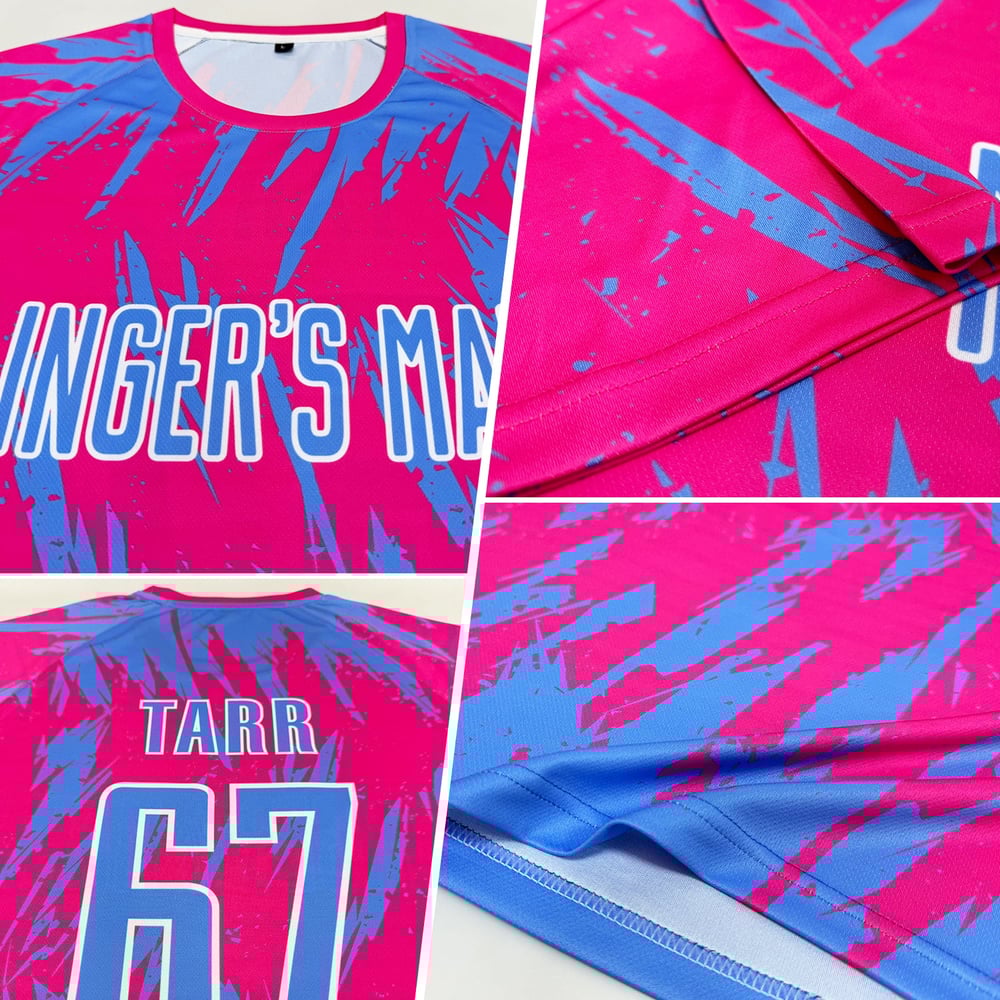 Pink Custom Blue-White Light Uniform Sublimation Soccer Jersey