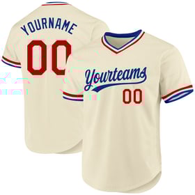 Maglia da baseball autentica personalizzata color crema, stile retrò, colore rosso, bianco e blu