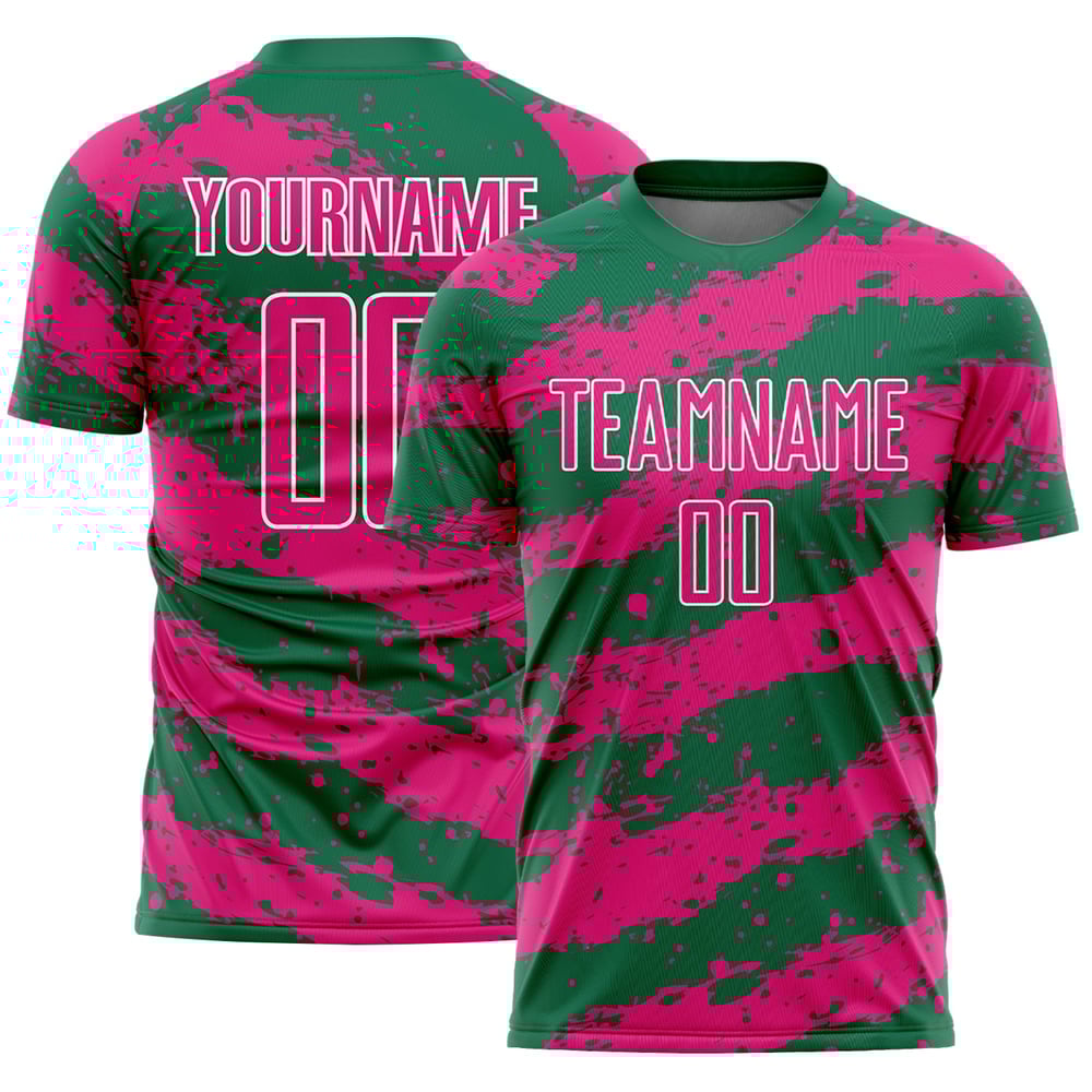Camiseta de uniforme de sublimación Kelly Splash Fútbol Verde Rosa-Blanco Caliente Personalizada