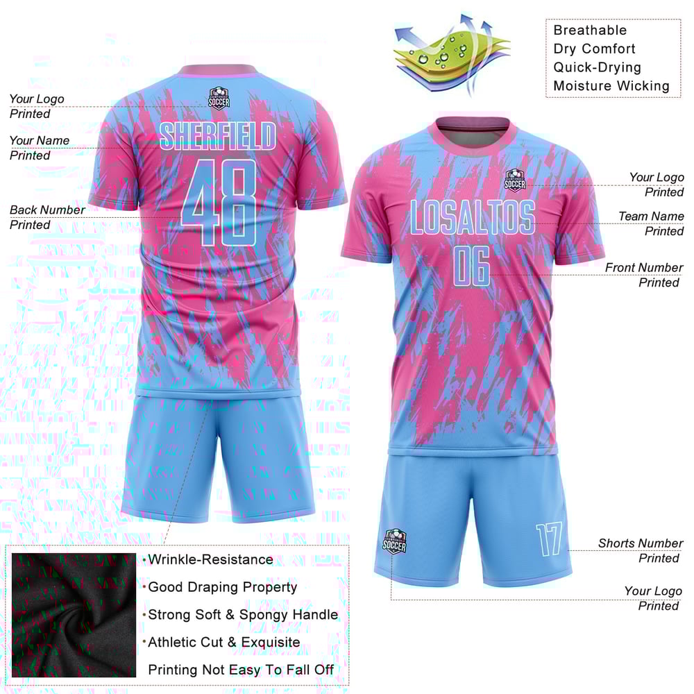 Pink Custom Blue-White Light Uniform Sublimation Soccer Jersey