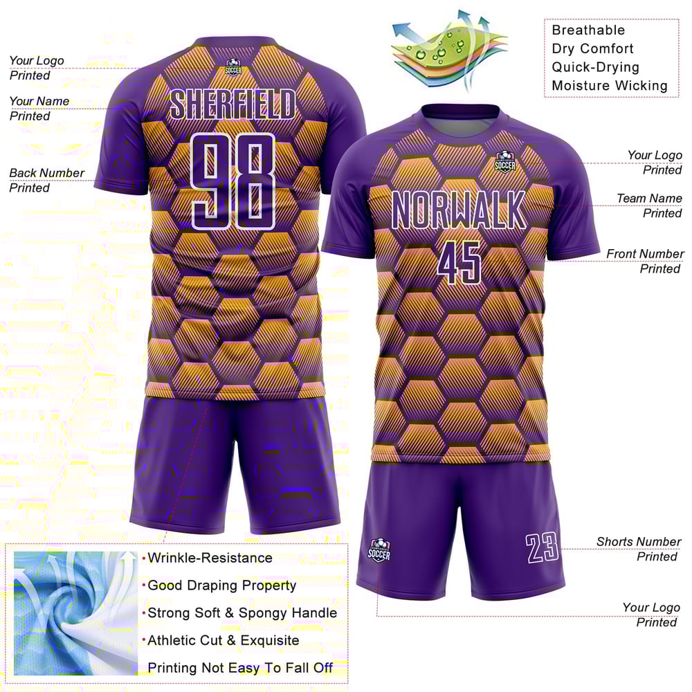 Pattern Gold-White Custom Jersey Purple Sublimation Uniform Hexagons Soccer