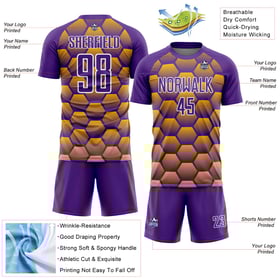 Pattern Gold-White Custom Jersey Purple Sublimation Uniform Hexagons Soccer