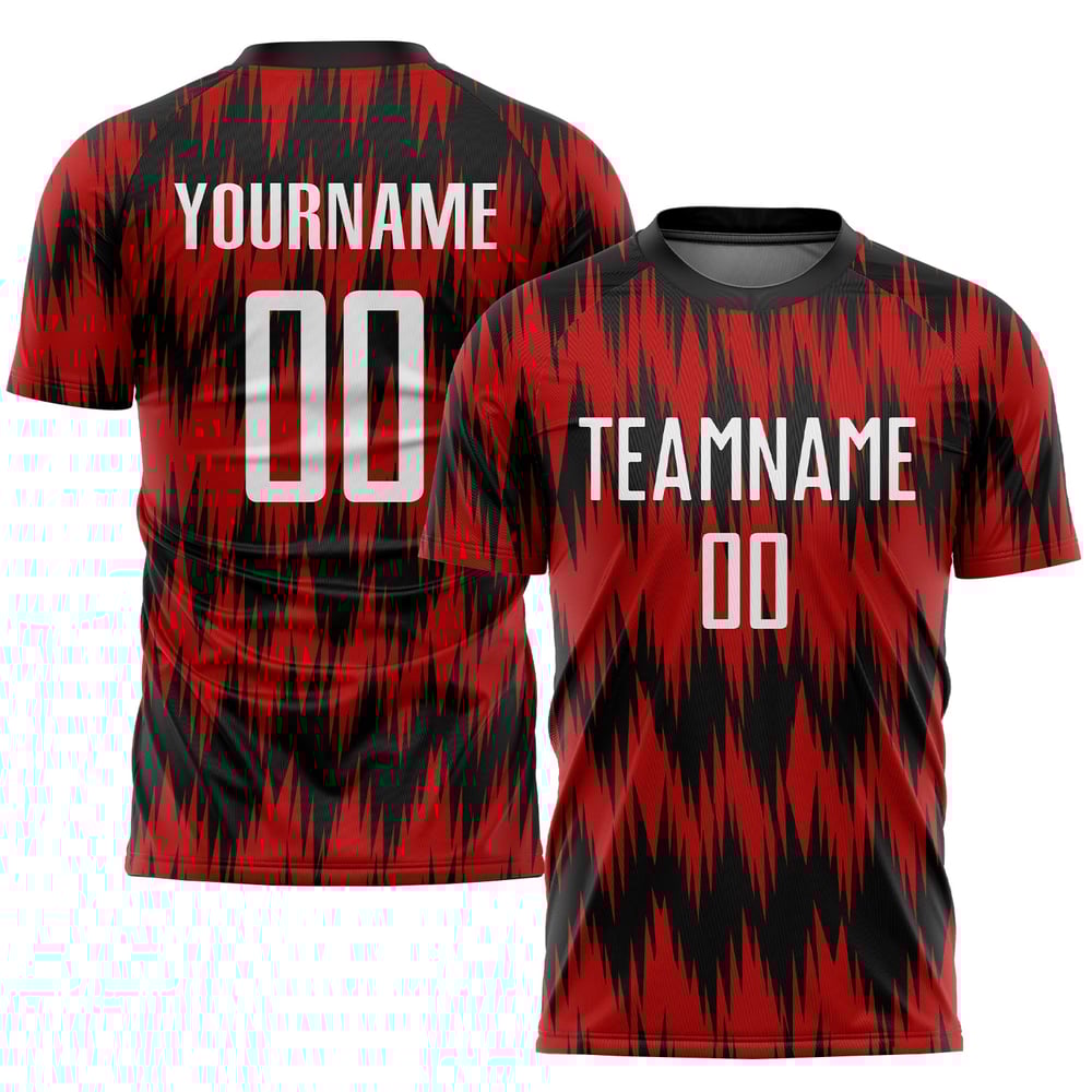 Camiseta de fútbol personalizada de sublimación, uniforme rojo, blanco y negro
