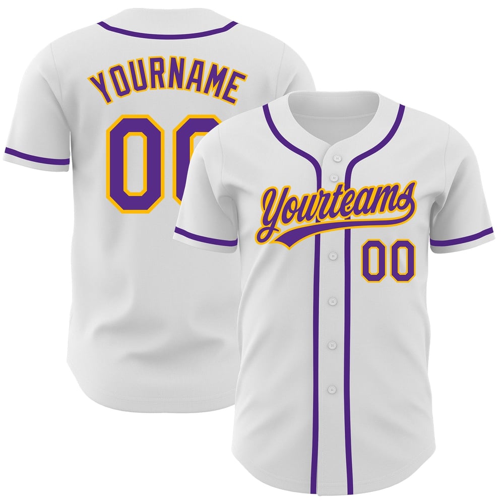 Maglia da baseball personalizzata bianca viola-oro autentica