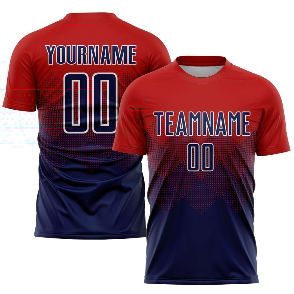 Maillot de football personnalisé à sublimation rouge, bleu marine et blanc