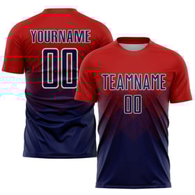 Maillot de football personnalisé à sublimation rouge, bleu marine et blanc